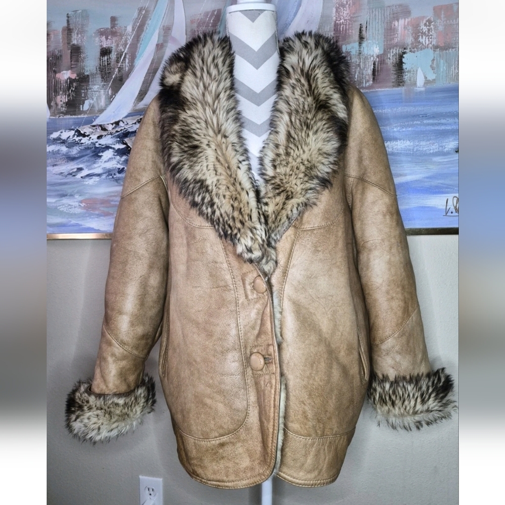 Vintage Shascha Tan Leather Sheepskin Shearling Coat